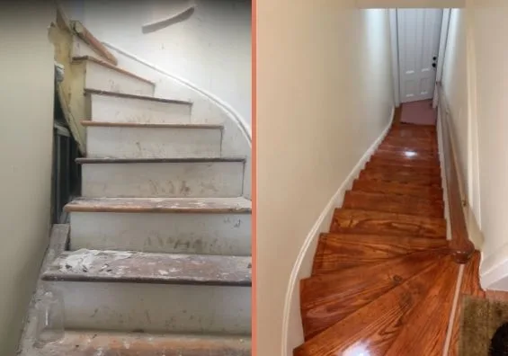 Staircase before and after, side by side